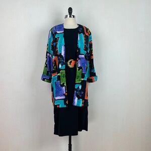 Vintage 80/90s Tori Alexander Black Dress Colorful Jacket 10 Midi Silky Career